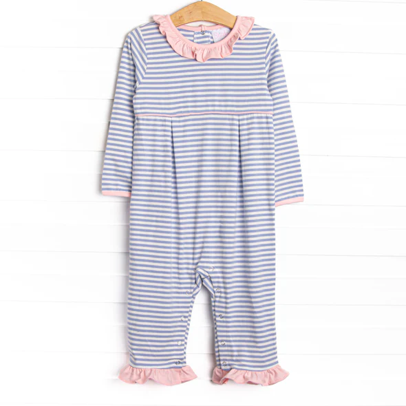 (Custom Design Preorder MOQ 5) Blue Stripes Print Baby Girls Romper