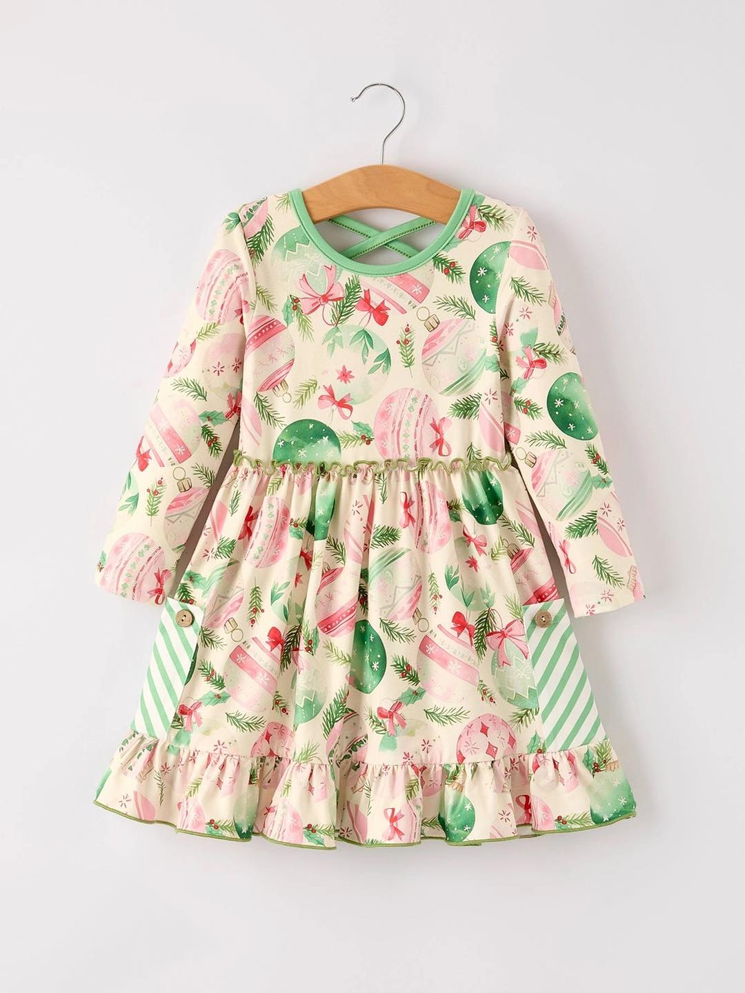 (Custom Design Preorder MOQ 5 ) Holiday Light Holly Print Girls Christmas Knee Length Dress