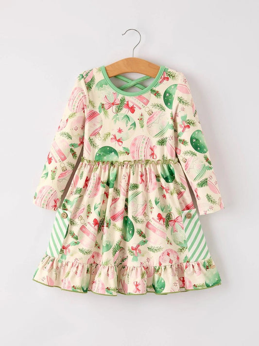 (Custom Design Preorder MOQ 5 ) Holiday Light Holly Print Girls Christmas Knee Length Dress