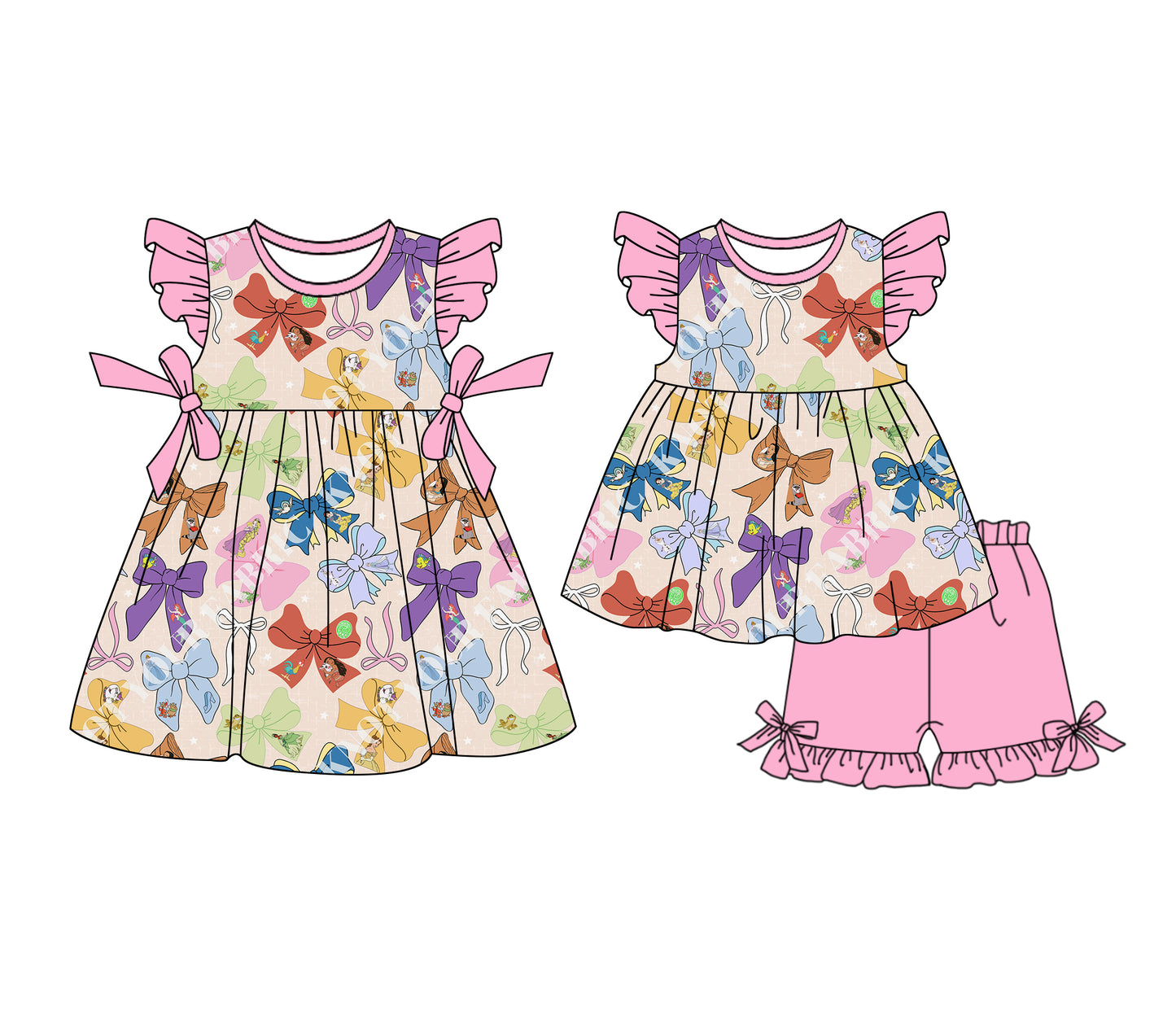 1.4(Custom Design Preorder MOQ 5 Each Design) Cartoon Princess Bows Print Girls Summer Matching Clothes Sisters Wear