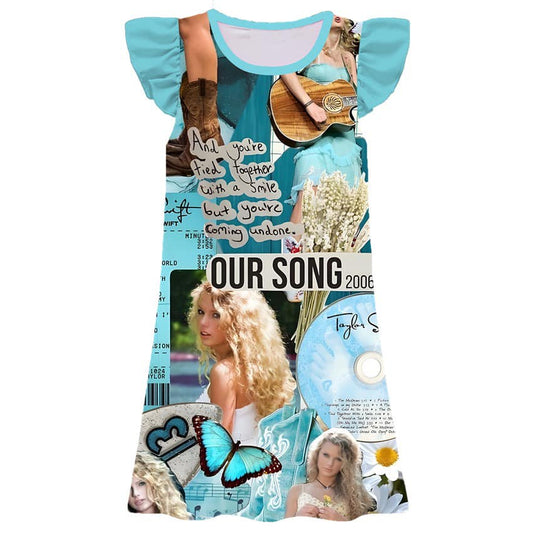 11.22(Custom Design Preorder MOQ 5) Singer Swiftie Blue Print Girls Flutter Sleeve Knee Length Dress