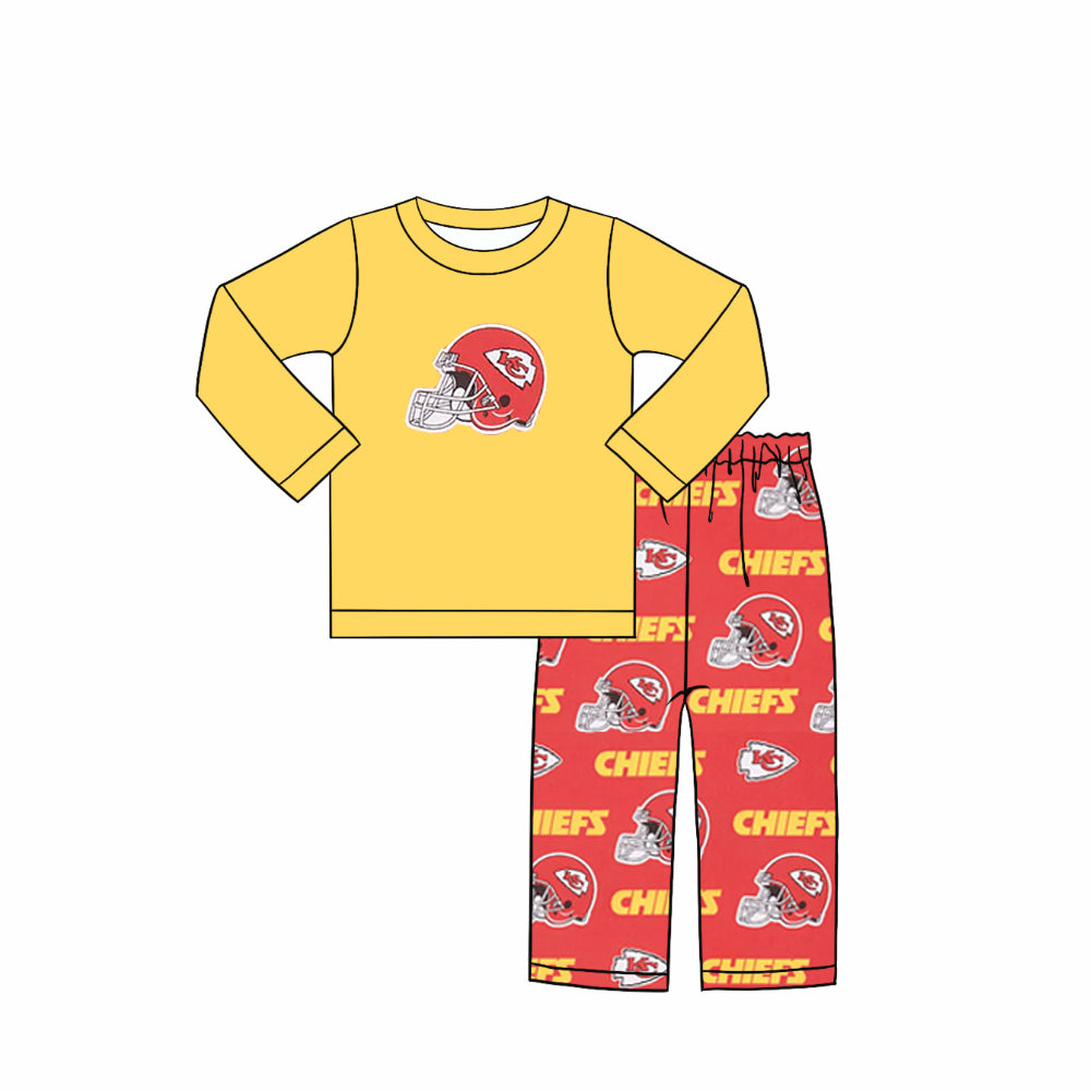 (Custom Design Preorder MOQ 5) Team's KC Yellow Top Red Pants Boys Fall Clothes Set