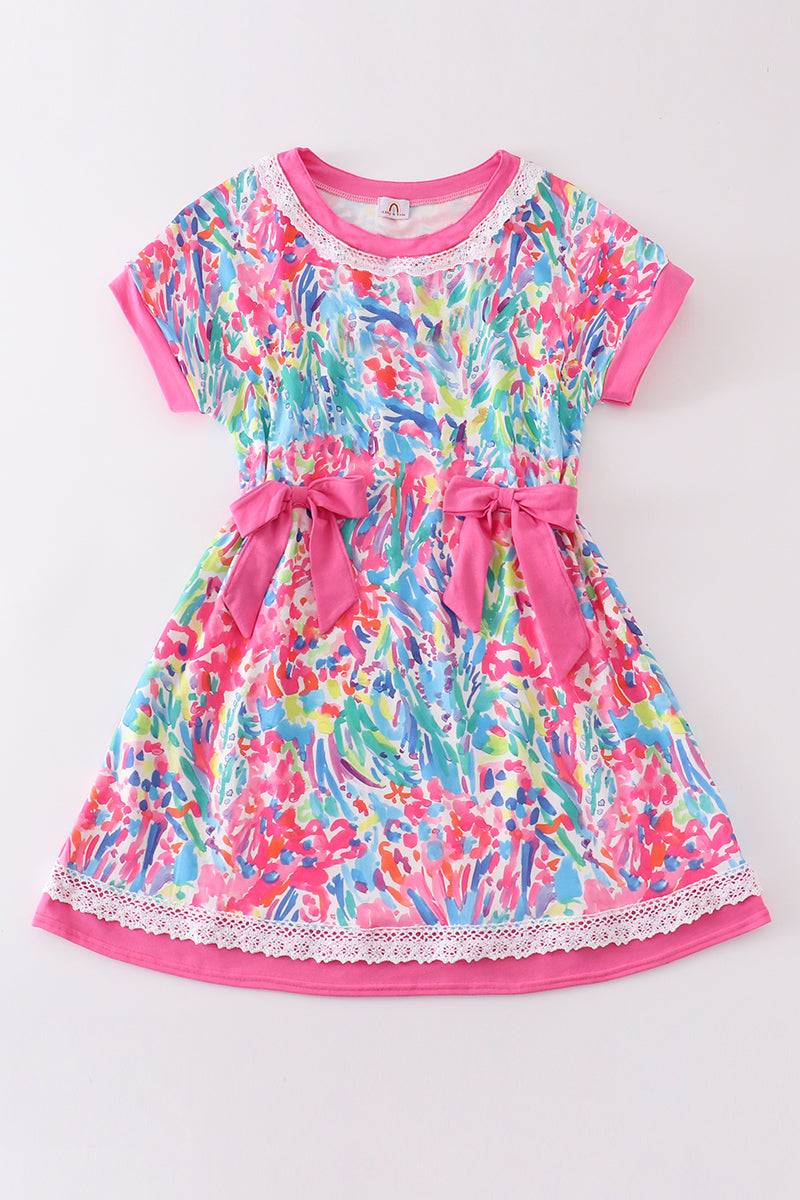 (Custom Design Preorder MOQ 5) Seaweed Flowers Hotpink Print Girls Summer Knee Length Dress