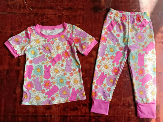 (Custom Design Preorder MOQ 3 ) Bunny Hotpink Flowers Print Girls Easter Pajamas Clothes Set