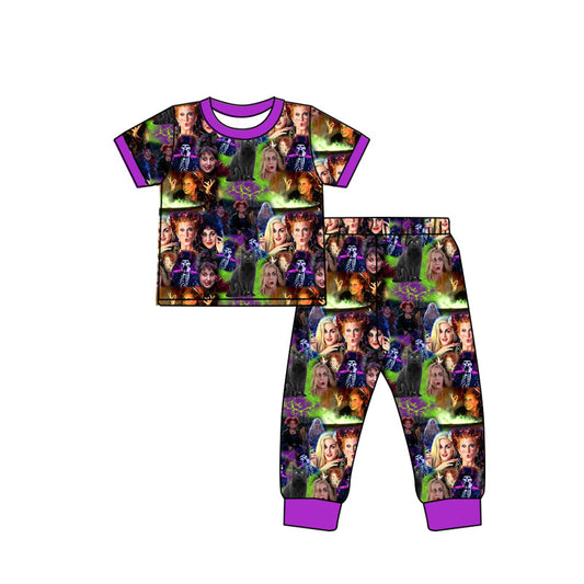 (Custom Design Preorder MOQ 5) Witches Print Girls Halloween Bamboo Pajamas Clothes Set