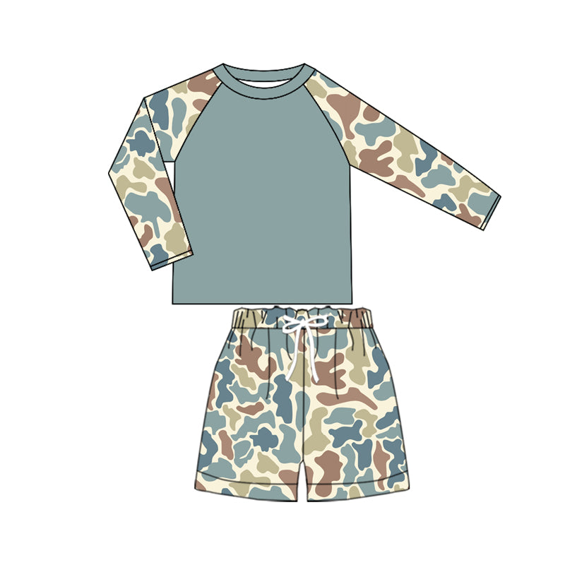 (Custom Design Preorder MOQ 5)  Blue Camo Print Boys Long Sleeve 2 Pieces Swimsuits