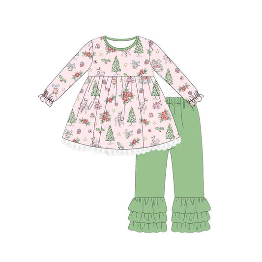 (Custom Design Preorder MOQ 5) Candy Cane Holly Tunic Top Green Pants Girls Christmas Clothes Set