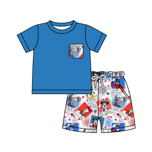 (Custom Design Preorder MOQ 5) Blue Pocket Top Cartoon Mouse Fireworks Shorts Boys 4th of July Clothes Set