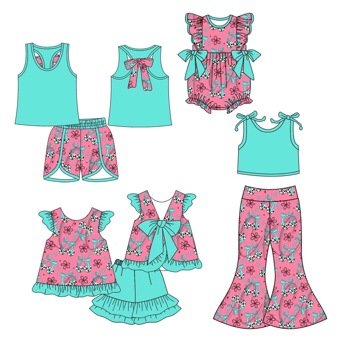 5.23(Custom Design Preorder MOQ 5 Each Design) Cherry Bows Turquoise Print Girls Summer Matching Clothes Sisters Wear
