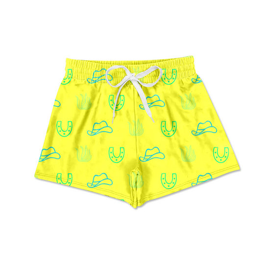 (Custom Design Preorder MOQ 5)  Yellow Hat Print Boys Western Swim Trunks