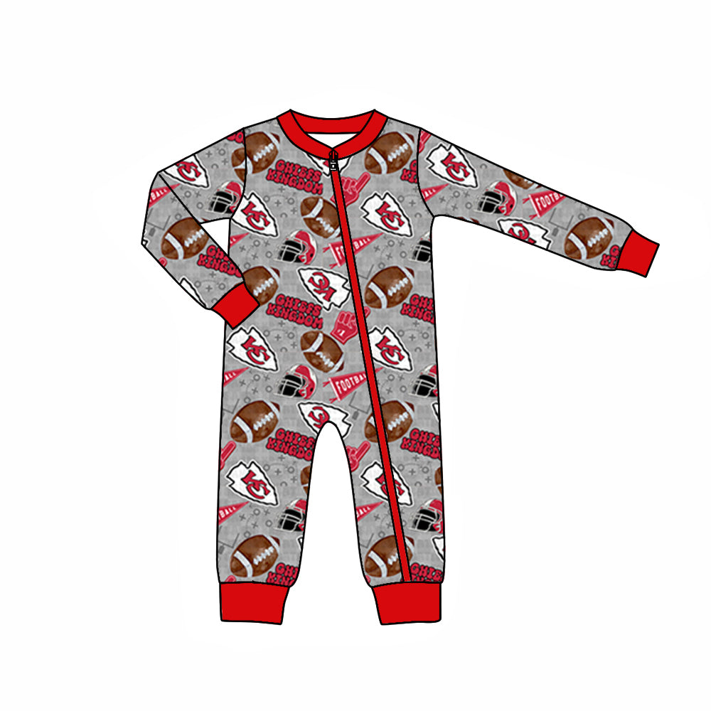 (Custom Design Preorder MOQ 5)  Team's KC Gray Print Baby Boys Fall Sleeper Zipper Romper