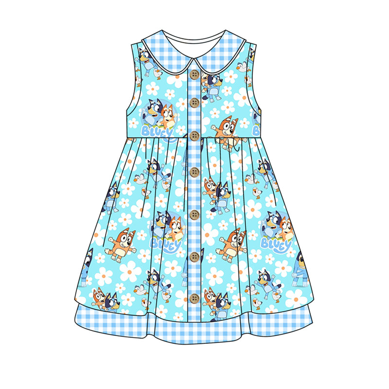 (Custom Design Preorder MOQ 5)  Blue Cartoon Dog Flowers Print Girls Knee Length Summer Dress