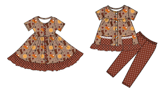 5.6(Custom Design Preorder MOQ 5 Each Design) Bows Pie Leaf Print Girls Fall Matching Clothes Sisters Wear