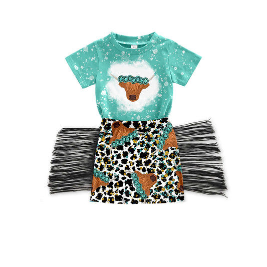 (Custom Design Preorder MOQ 5) Highland Cow Turquoise Top Leopard Skirts Girls Western Clothes Set