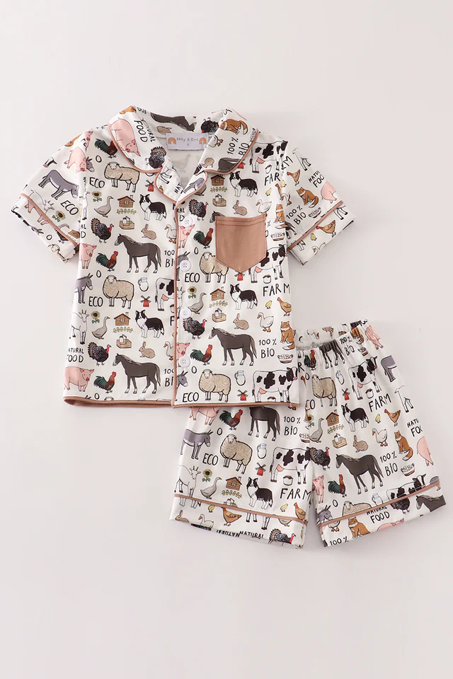 (Custom Design Preorder MOQ 5) Farm Animals Pocket Top Shorts Boys Summer Pajamas Clothes Set