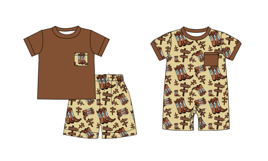 11.9(Custom Design Preorder MOQ 5 Each Design) Boots Brown Print Boys Summer Western Matching Clothes Brothers Wear