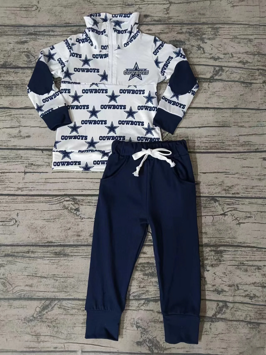 (Custom Design Preorder MOQ 5) Star Football Team's Buttons Pullover Top Navy Pants Boys Fall Clothes Set