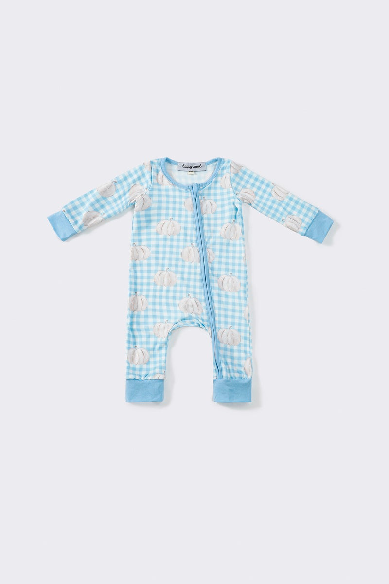 (Custom Design Preorder MOQ 5)  Pumpkin Blue Plaid Print Baby Boys Fall Bamboo Sleeper Zipper Romper