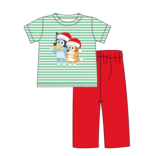 (Custom Design Preorder MOQ 5) Cartoon Dog Green Stripes Top Red Pants Boys Christmas Clothes Set