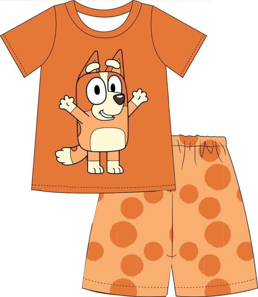(Custom Design Preorder MOQ 5)  Orange Cartoon Dog Print Boys Summer Clothes Set