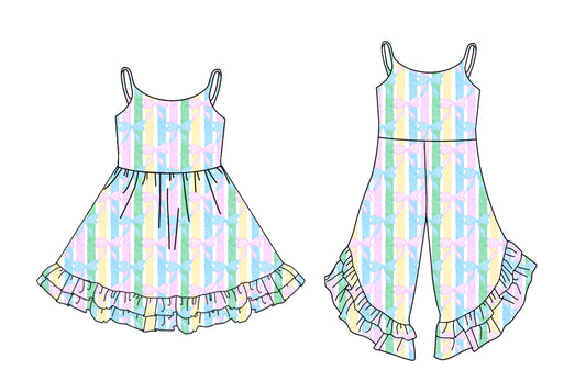 12.4 (Custom Design Preorder MOQ 5 Each Design) Bows Stripes Print Girls Summer Matching Clothes Sisters Wear
