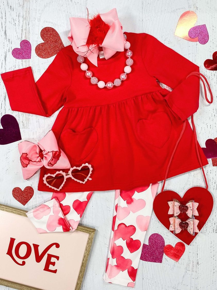 (Custom Design Preorder MOQ 5) Red Pockets Tunic Top Heart Legging Pants Girls Valentine's Clothes Set