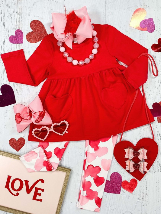 (Custom Design Preorder MOQ 5) Red Pockets Tunic Top Heart Legging Pants Girls Valentine's Clothes Set