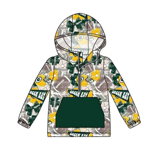 (Custom Design Preorder MOQ 5)  Flowers Bows Football Print Girls Hoodie Zipper Top