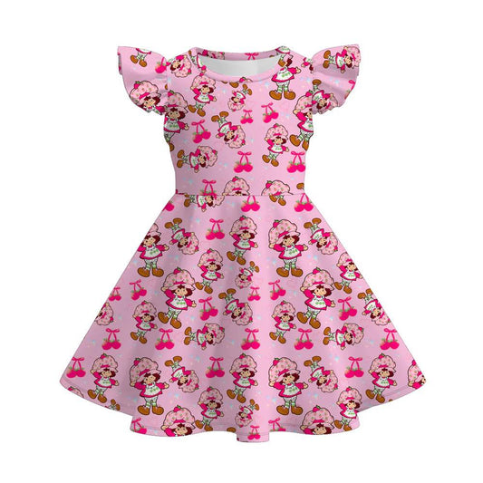 (Custom Design Preorder MOQ 5) Strawberry Pink Print Girls Summer Knee Length Dress