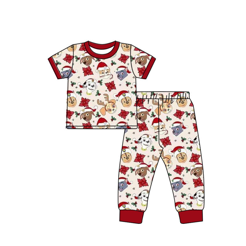 (Custom Design Preorder MOQ 5)  Cartoon Dog Print Kids Christmas Bamboo Pajamas Short Sleeve Clothes Set