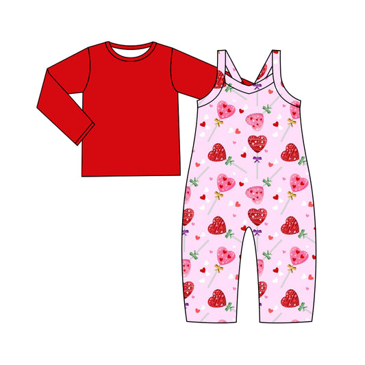 (Custom Design Preorder MOQ 5) Red Top Flowers Heart Jumpsuit Girls Valentine's Day Clothes Set