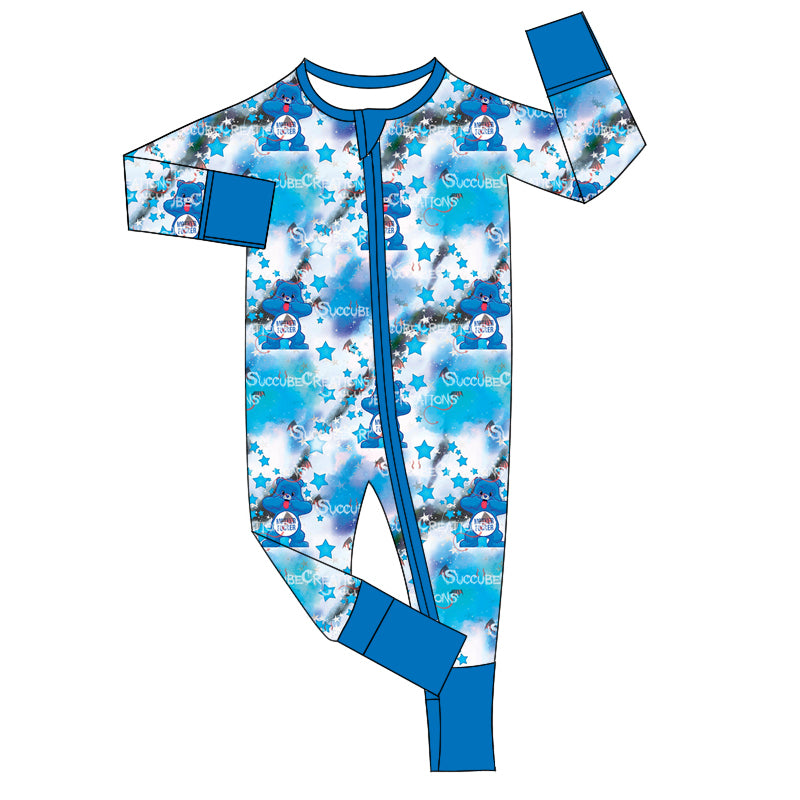 (Custom Design Preorder MOQ 5)  Cartoon Bear Blue Print Baby Fall Bamboo Sleeper Zipper Romper