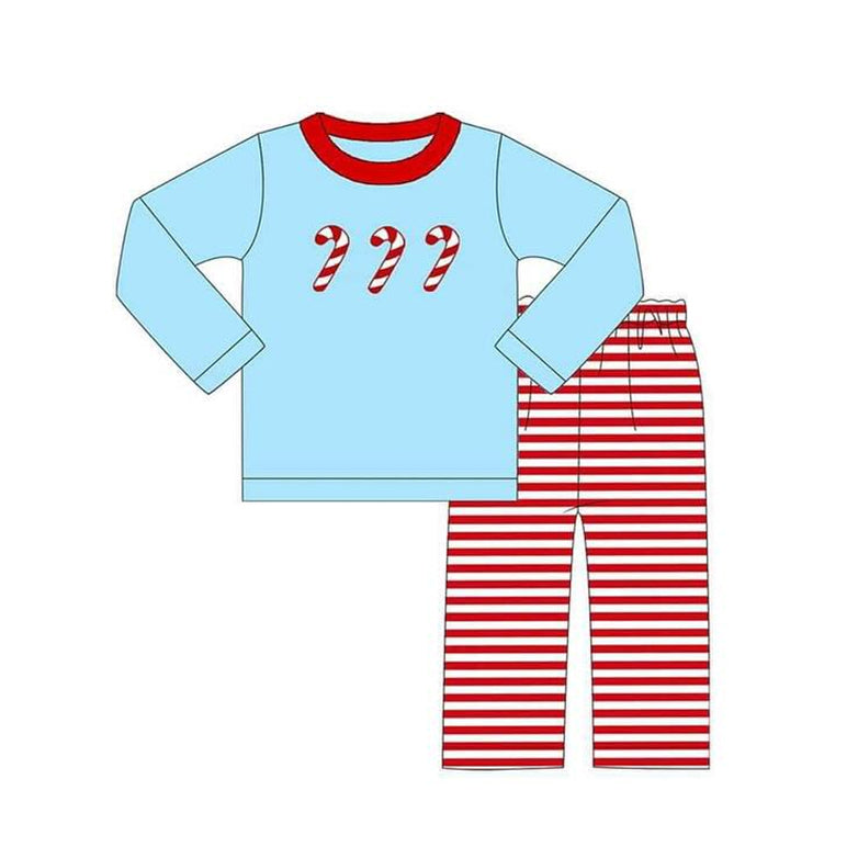 (Custom Design Preorder MOQ 5) Candy Cane Blue Top Stripes Pants Boys Christmas Clothes Set