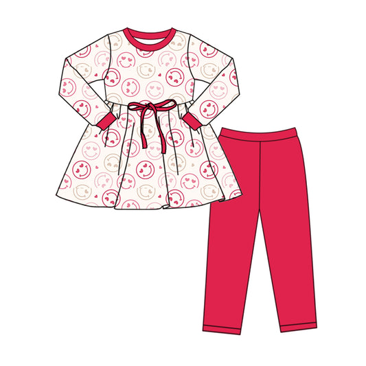 (Custom Design Preorder MOQ 5) Heart Smiling Face Tunic Top Red Pants Girls Valentine's Day Clothes Set