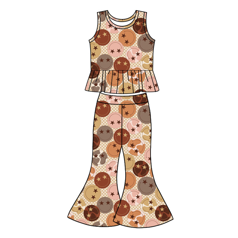 1.7(Custom Design Preorder MOQ 5) Brown Smiling Face Plaid Print Bell Pants Girls Clothes Set
