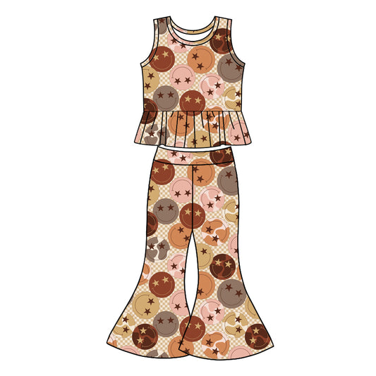 1.7(Custom Design Preorder MOQ 5) Smiling Face Tank Top Bell Pants Girls Clothes Set