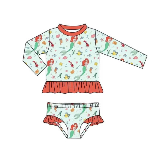 (Custom Design Preorder MOQ 5)  Cartoon Princess Fish Print Girls 2 Pieces Long Sleeve Swimsuits