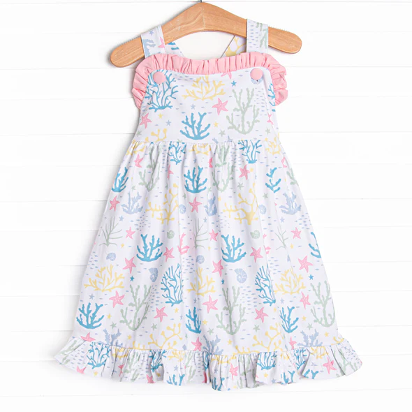 (Custom Design Preorder MOQ 5) Seaweed Print Girls Summer Knee Length Dress