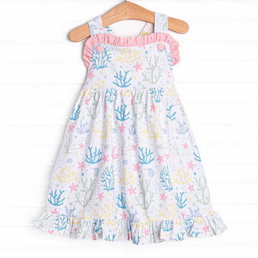 (Custom Design Preorder MOQ 5) Seaweed Print Girls Summer Knee Length Dress