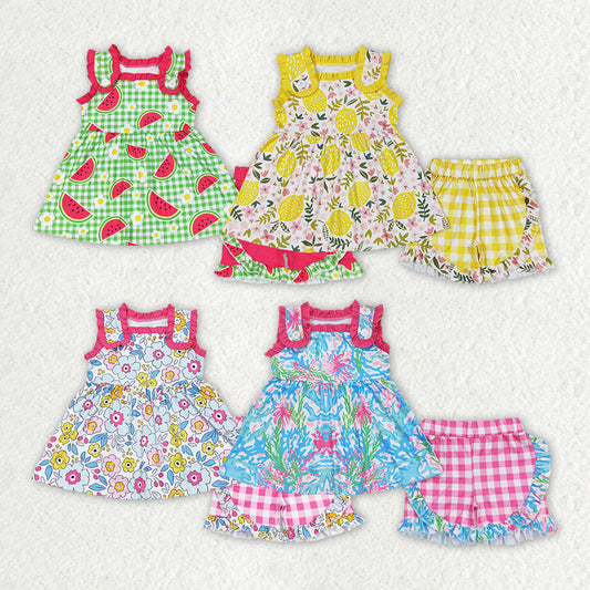 Flowers Tunic Top Plaid Shorts Girls Summer Clothes Set Sisters Wear