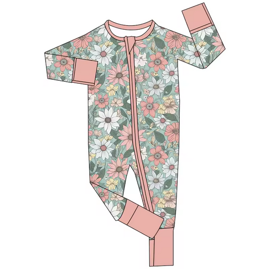 (Custom Design Preorder MOQ 5)  Flowers Print Baby Girls Fall Zipper Sleeper Romper