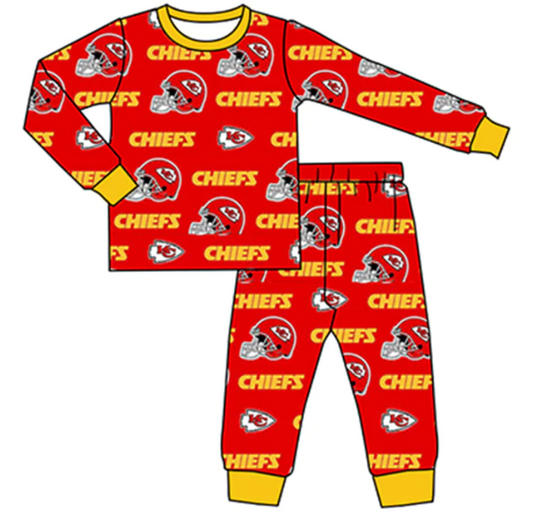 (Custom Design Preorder MOQ 5) Team's CHIEFS Red Print Boys Fall Pajamas Clothes Set