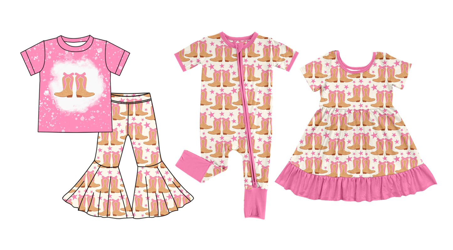 5.22(Custom Design Preorder MOQ 5 Each Design) Boots Pink Print Girls Western Matching Clothes Sisters Wear