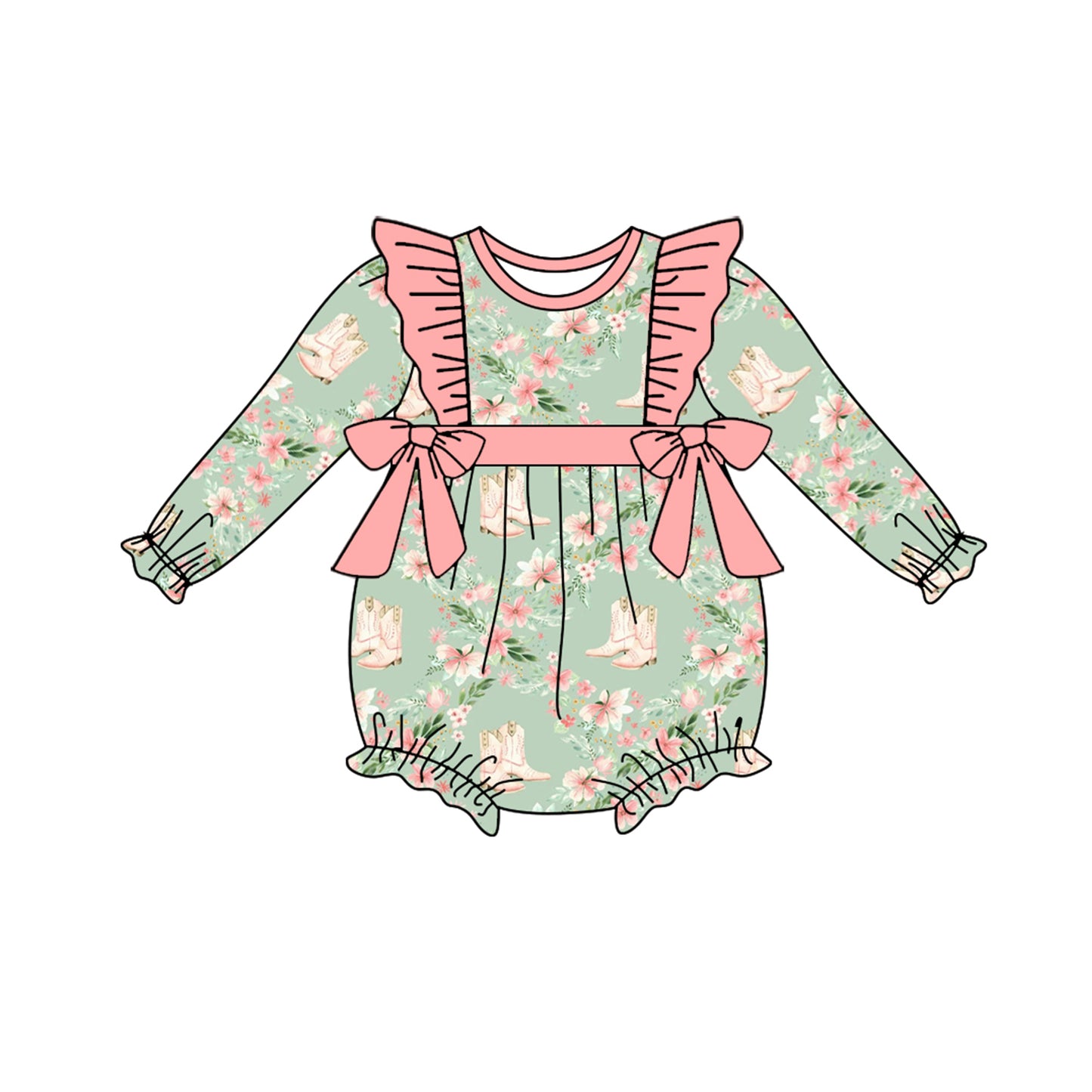 (Custom Design Preorder MOQ 5) Flowers Boots Print Baby Girls Fall Western Romper