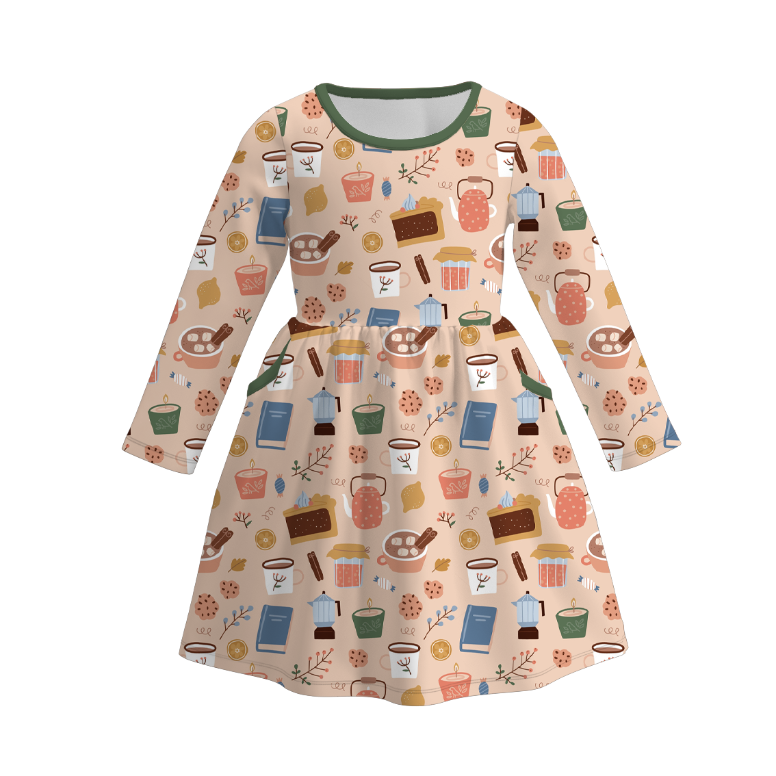 (Custom Design Preorder MOQ 5) Coffee Print Girls Knee Length Fall Dress