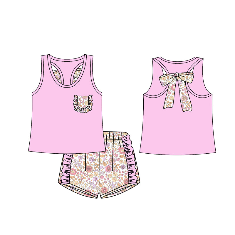 12.13(Custom Design Preorder MOQ 5) Pink Pocket Vest Top Flowers Shorts Girls Summer Clothes Set