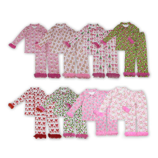 8 Prints Woman Christmas Buttons Fur Pajamas Clothes Set Family Matching Styles