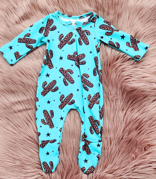 (Custom Design Preorder MOQ 5) Cactus Leopard Blue Print Baby Fall Sleeper Zipper Romper