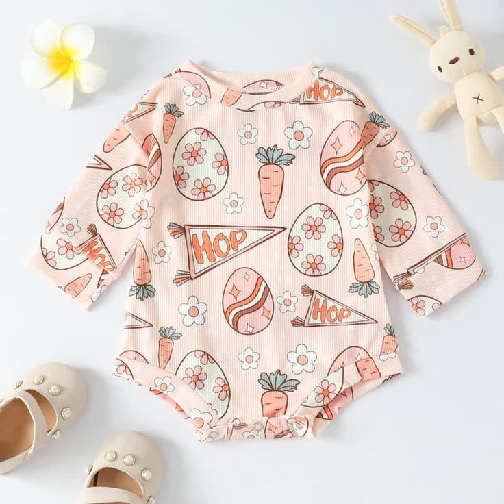 (Custom Design MOQ 5) Hop Egg Carrot Flowers Print Baby Girls Easter Romper