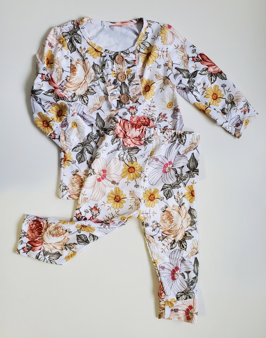 (Custom Design Preorder MOQ 5) Flowers Print Girls Ruffles Pajamas Clothes Set